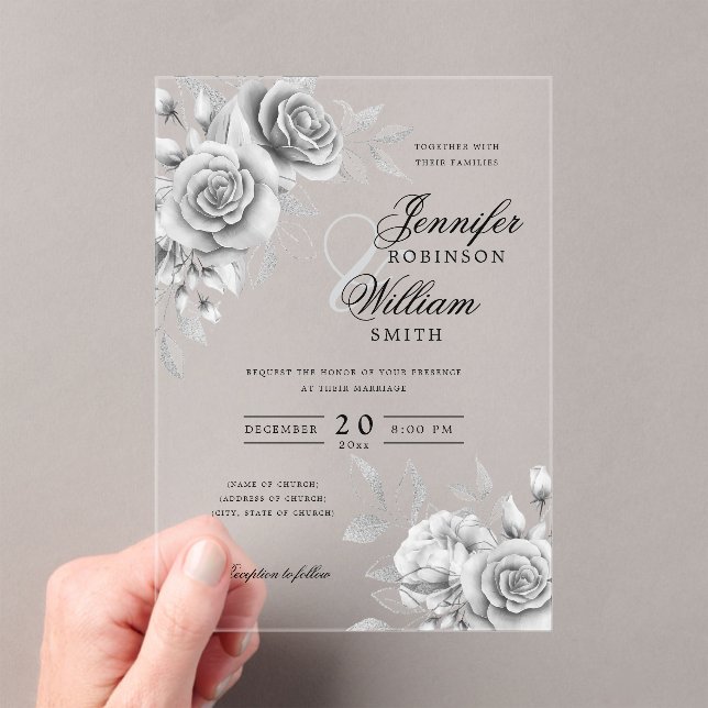 Invitaciones Acrílicas Elegante tema floral de Rosas de plata de boda (Insitu (portátil))
