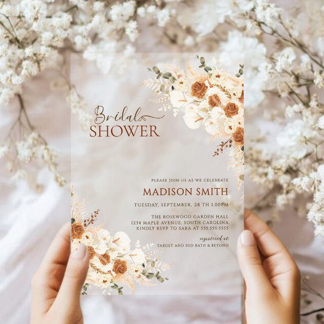 Invitaciones Acrílicas Elegante Terracota Floral Código QR Ducha de novia (Subido por el creador)