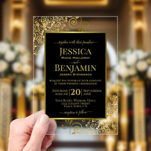 Invitaciones Acrílicas Elegante Texto con Estilo Negro y Dorado Clásico p
