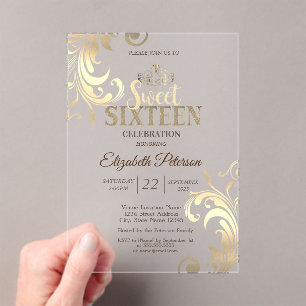 Invitaciones Acrílicas Elegante Tiara de Oro Dulces Diamantes 16 Fiesta