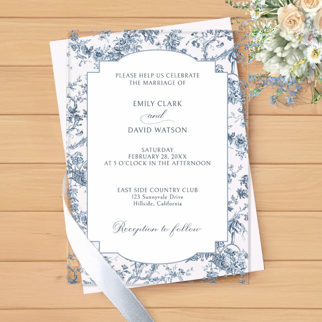 Invitaciones Acrílicas Elegante toile floral azul francés grabado (Subido por el creador)