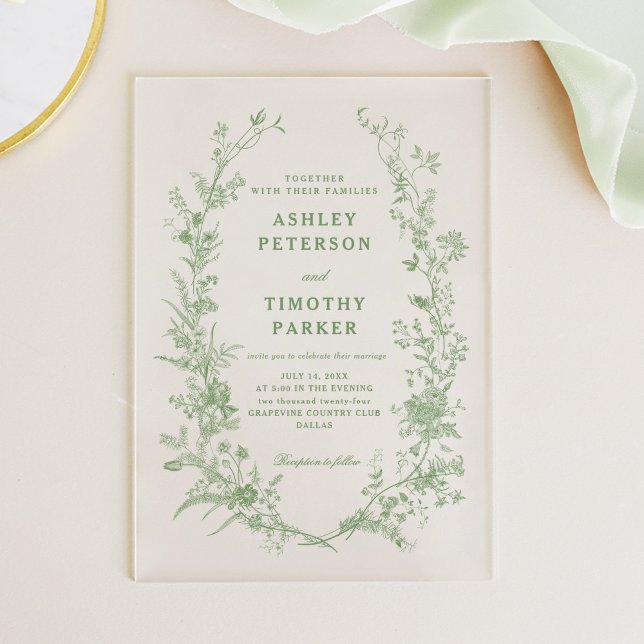 Invitaciones Acrílicas Elegante Toile Sage Green Floral Boda (Subido por el creador)