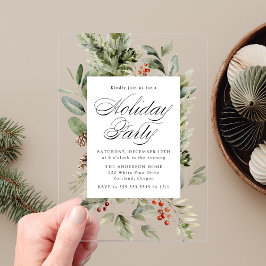 Invitaciones Acrílicas Elegante Vegetación y Bayas de Acebo Fiesta Navide