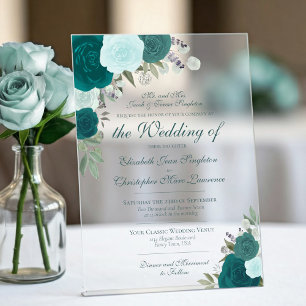 Invitaciones Acrílicas Elegante Verde azulado Rosas turquesa y acuática B
