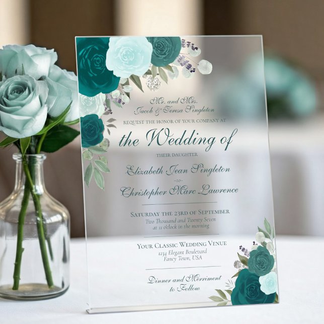 Invitaciones Acrílicas Elegante Verde azulado Rosas turquesa y acuática B (Frosted Acrylic with Rectangle Cut)