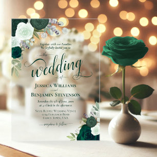 Invitaciones Acrílicas Elegante Verde Esmeralda Boho Rosas Boda Fantasía