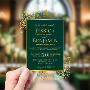Invitaciones Acrílicas Elegante Verde Esmeralda y Dorado Texto Estiloso B