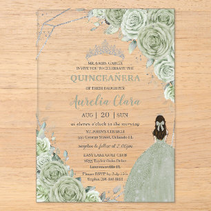 Invitaciones Acrílicas Elegante Verde Menta Floral Princesa Plata Quincea