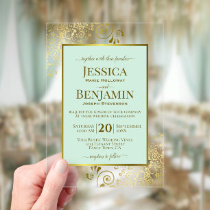 Invitaciones Acrílicas Elegante Verde Menta y Oro Boda de Texto con Estil