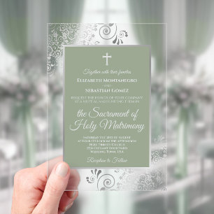 Invitaciones Acrílicas Elegante Verde Sabio Ornado Boda Católica de Plata