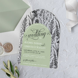 Invitaciones Acrílicas Elegante Verde Sálvia Botánico Arco Única Boda