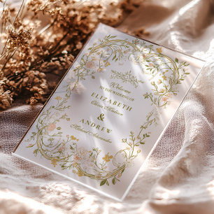 Invitaciones Acrílicas Elegante Verde y Marco Floral Rosa Boda
