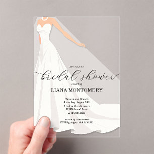 Invitaciones Acrílicas Elegante vestido de novia para ducha de novia