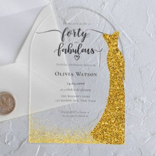 Invitaciones Acrílicas Elegante vestido de oro cuarenta cumpleaños fabulo
