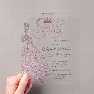 Invitaciones Acrílicas Elegante vestido de purpurina morado Sweet 16 cump