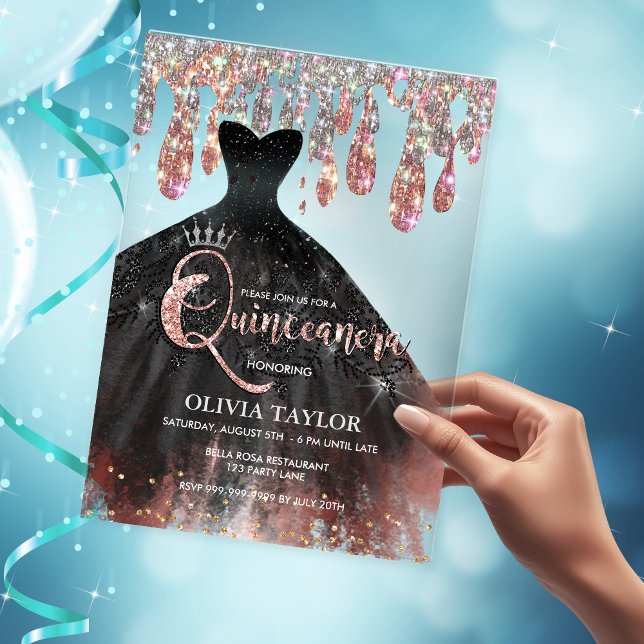 Invitaciones Acrílicas Elegante vestido negro gotea cristal Quinceanera (Subido por el creador)