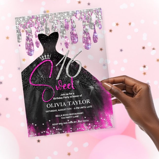 Invitaciones Acrílicas Elegante vestido negro rosa caliente dulce 16 mono (Subido por el creador)