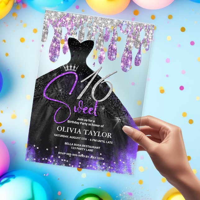 Invitaciones Acrílicas Elegante vestido negro violeta dulce 16 monograma (Subido por el creador)
