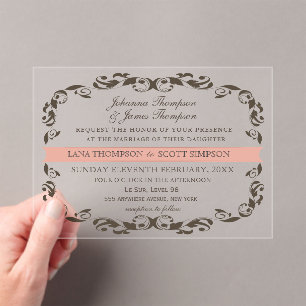 Invitaciones Acrílicas Elegante victoriano florido Filligree Boda Blanco