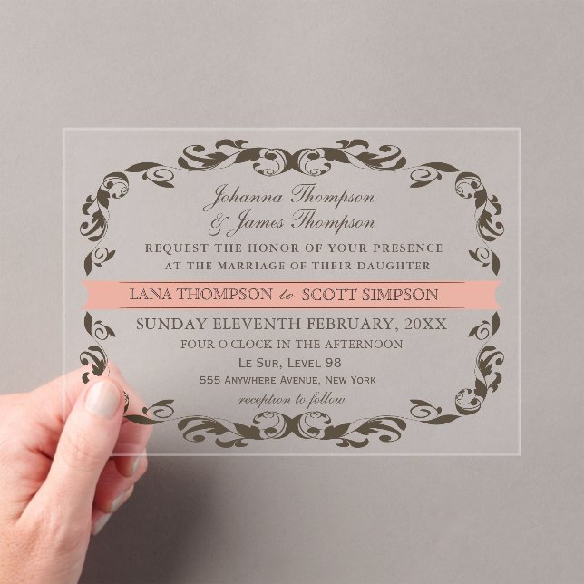 Invitaciones Acrílicas Elegante victoriano florido Filligree Boda Blanco (Insitu (portátil))