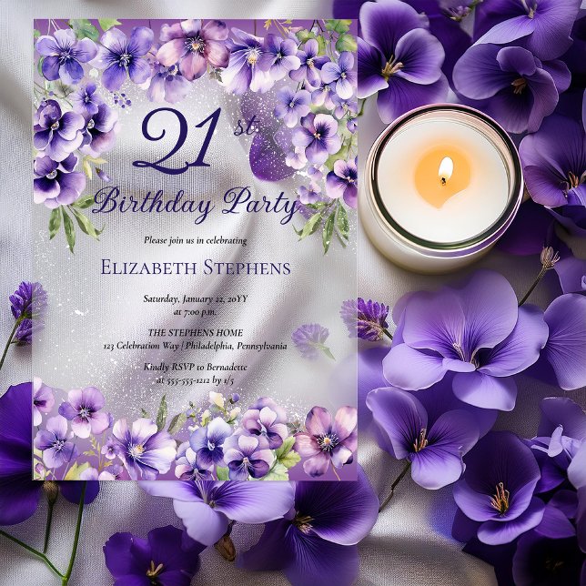 Invitaciones Acrílicas Elegante violeta morada Fiesta de la floral 21 de  (Elegant Purple Violets Floral 21st Birthday Party Acrylic Invitations)