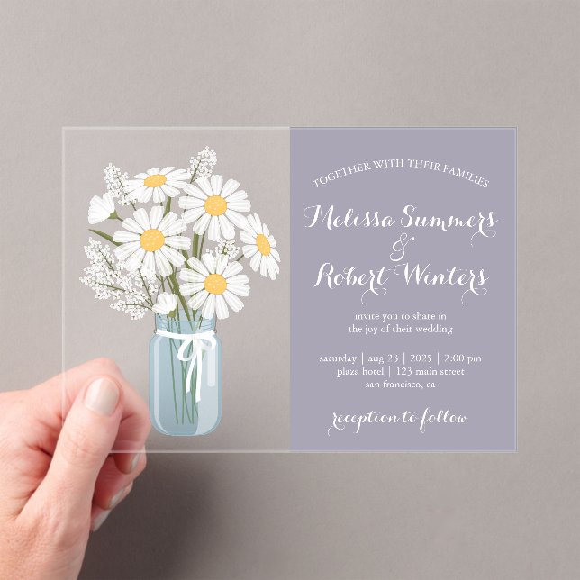 Invitaciones Acrílicas Elegante White Daisies Mason Jar Boda Lavender (Insitu (portátil))
