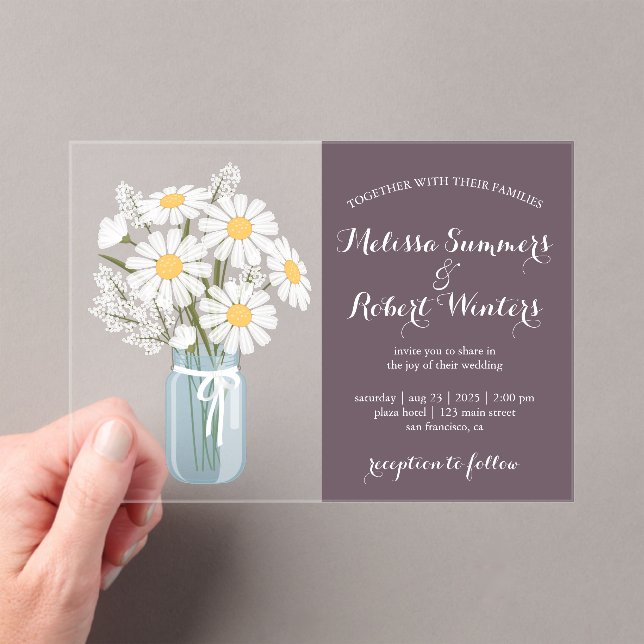 Invitaciones Acrílicas Elegante White Daisies Mason Jar Boda Purple (Insitu (portátil))