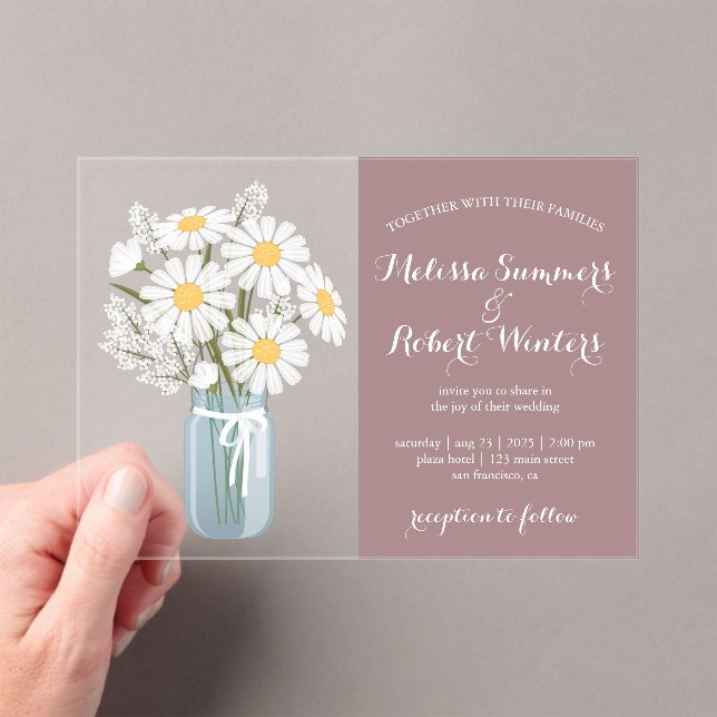 Invitaciones Acrílicas Elegante White Daisies Mason Jar Boda Rosy Brown (Insitu (portátil))