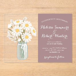 Invitaciones Acrílicas Elegante White Daisies Mason Jar Boda Rosy Brown
