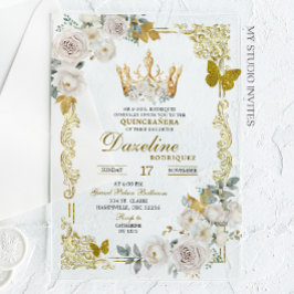 Invitaciones Acrílicas Elegante White Gold Crown Quinceanera