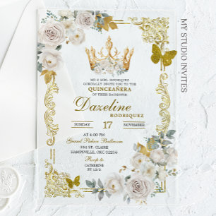 Invitaciones Acrílicas Elegante White Gold Crown Quinceanera