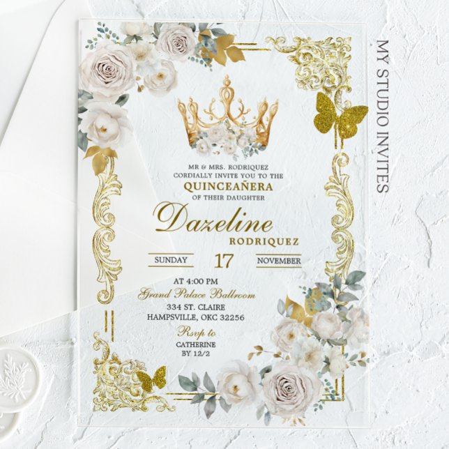 Invitaciones Acrílicas Elegante White Gold Crown Quinceanera (Subido por el creador)