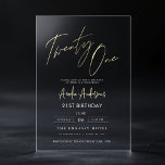 Invitaciones Acrílicas Elegante y minimalista guión dorado cumpleaños 21<br><div class="desc">Celebre un hito en estilo con el Minimalista Elegante Guión de Oro Invitación Acrílica de Cumpleaños 21. Esta elegante y moderna invitación cuenta con un sofisticado diseño de escritura dorada en una tarjeta acrílica clara, perfecta para una moda y elegante celebración de 21 años. Su estética minimalista le garantiza un...</div>