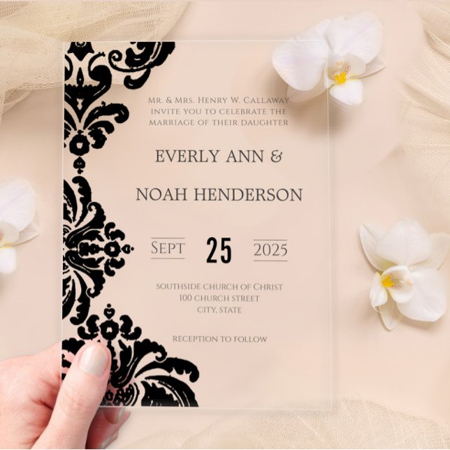 Invitaciones Acrílicas Elegante y simple matrimonio victoriano negro Dama (Subido por el creador)