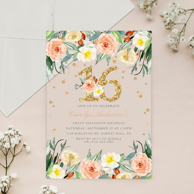 Invitaciones Acrílicas Elegantes Chicas florales dulces 16 cumpleaños (Subido por el creador)