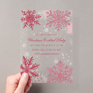 Invitaciones Acrílicas Elegantes copos de nieve Navidades rojos rosados