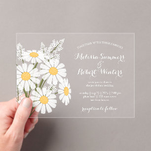 Invitaciones Acrílicas Elegantes Daisies Blancos Florales Boda Bouquet