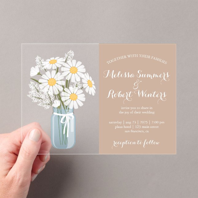 Invitaciones Acrílicas Elegantes Daisies Blancos Mason Jar Boda Beige (Insitu (portátil))