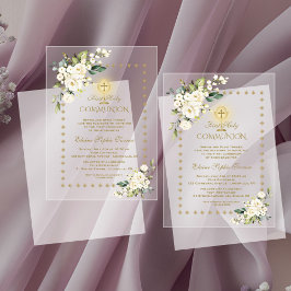 Invitaciones Acrílicas Elegantes Destellos de Oro Blanco Primera Comunión
