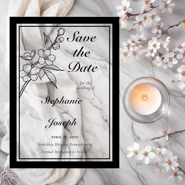 Invitaciones Acrílicas Elegantes flores de primavera Boda Guardar la fech (Elegant Line Art Spring Blossoms Floral | Back Photo Wedding Black on Clear Acrylic Save the Dates)