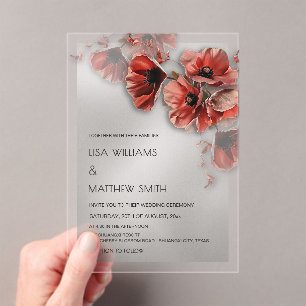 Invitaciones Acrílicas Elegantes flores rojas plateadas transparentes bod