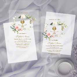 Invitaciones Acrílicas Elegantes flores rosadas de niña Primera Comunión