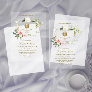 Invitaciones Acrílicas Elegantes flores rosadas de niña Primera Comunión