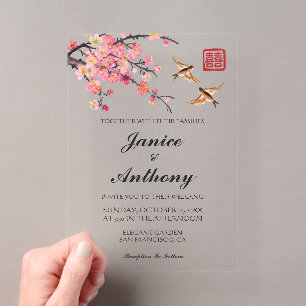 Invitaciones Acrílicas Elegantes flores y pájaros chinos para boda
