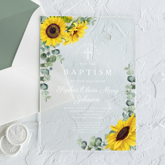 Invitaciones Acrílicas Elegantes girasoles Eucalipto Chica Bautismo (Elegant Sunflowers Eucalyptus Girl Baptism Acrylic Invitations)