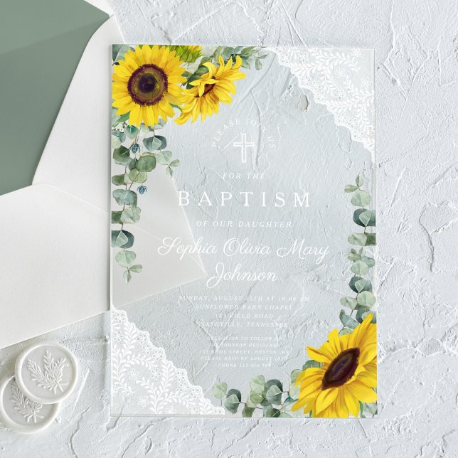 Invitaciones Acrílicas Elegantes girasoles Eucalyptus Lace Chica Bautismo (Elegant Sunflowers Eucalyptus Lace Girl Baptism Acrylic Invitations)