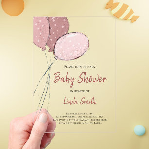 Invitaciones Acrílicas Elegantes globos rosados Baby Shower niña
