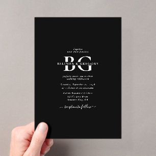 Invitaciones Acrílicas Elegantes iniciales de monograma en blanco y negro