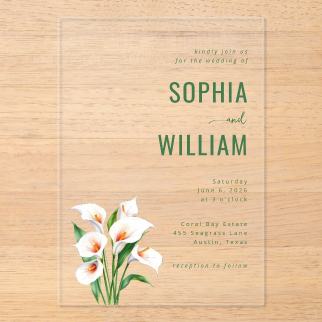 Invitaciones Acrílicas Elegantes Lirios de Calla Verdes (Anverso)