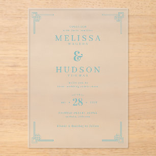 Invitaciones Acrílicas Elegantes Movimientos de Llave Griega en Azul Mari